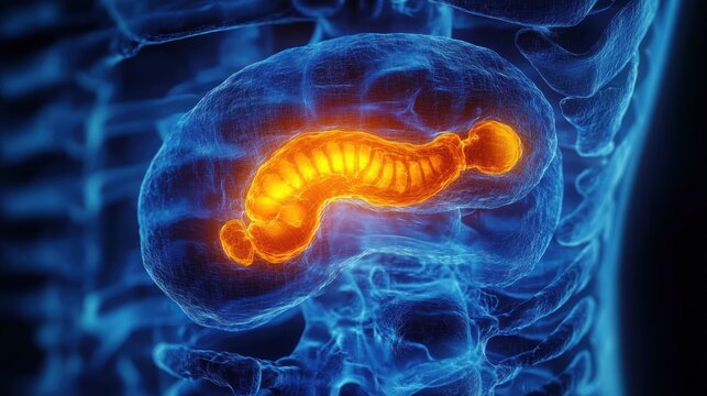 Glowing orange pancreas within a translucent blue human torso and rib cage 3D scan highlighting spine and internal organs with a clinical investigative mood