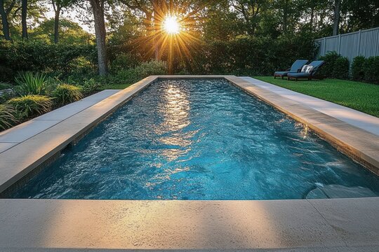 rectangular backyard swimming pool with shimmering blue water and sunburst sunset reflecting on ripples, surrounded by trees, lawn and lounge chairs conveying a serene tranquil mood