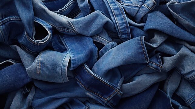 A tangled pile of crumpled blue denim jeans with visible pockets and stitching, evoking casual, rugged comfort