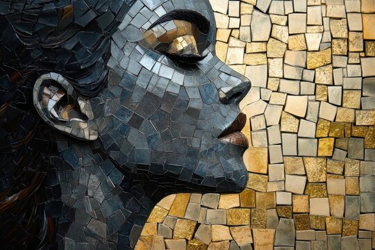 Serene mosaic portrait of a woman's profile with closed eyes in dark tiles set against a shimmering gold tesserae background