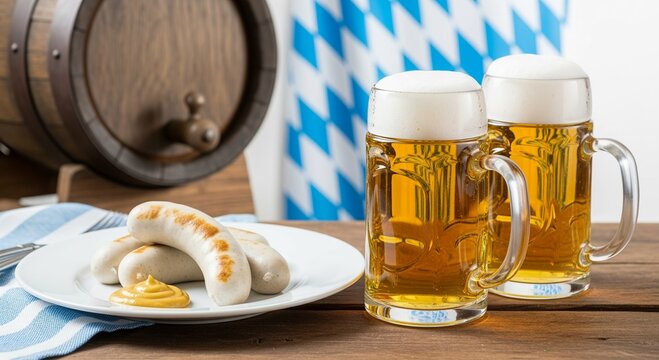 Bavarian beer mugs and white sausages with mustard on table