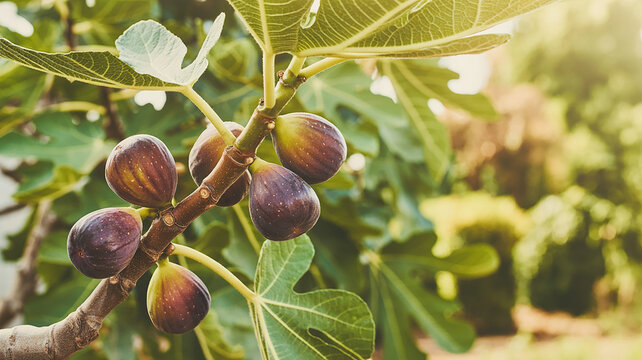 Cluster of ripe purple figs on a tree branch with green leaves and dappled sunlight fruit