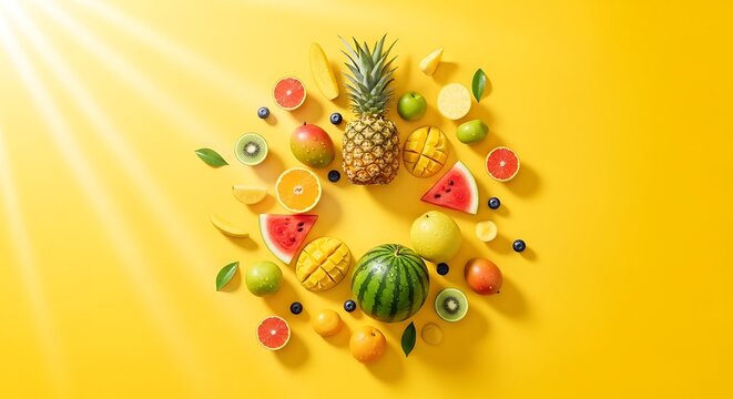 Rangkaian Buah Segar Tropis Berwarna-warni, Sehat, dan Penuh Nutrisi di Bawah Sinar Matahari