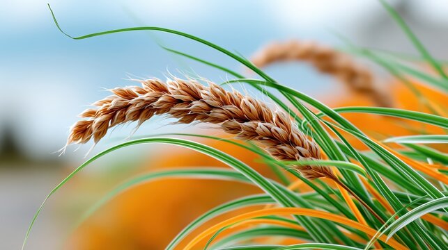 This close-up captures a golden wheat spike swaying gently amidst lush green grass, set against a colorful blurred background of orange and blue tones.