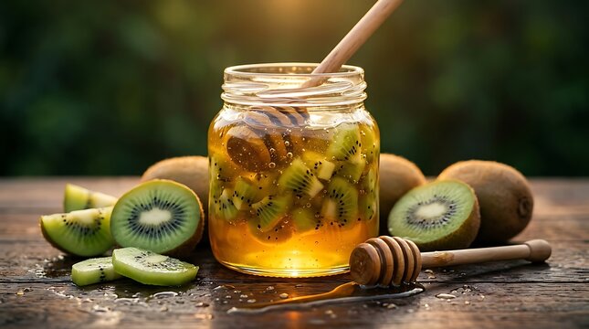 Sajian Manis Segar: Potongan Kiwi dalam Madu Kental di Toples Kaca dengan Sinar Matahari Pagi