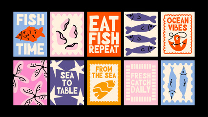 Seafood posters set with typography in retro cartoon style. Coastal cards with fish, crab and ocean slogans for restaurant menus, kitchen decor and marine branding © cutemole