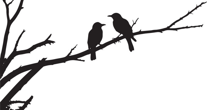 Silhouette of two crows perched on tree branch against white background vector design art.