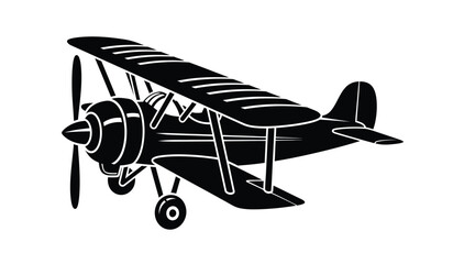 black silhouette of a vintage biplane with propeller side view on a white background high quality professional detailed modern elegant stylish clean crisp vibrant © Itz