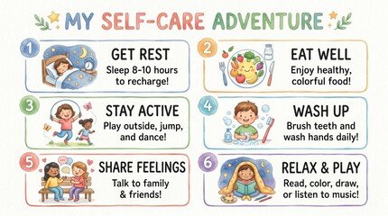Children learn self-care steps including rest, healthy food, play, hygiene, talking, and relaxing