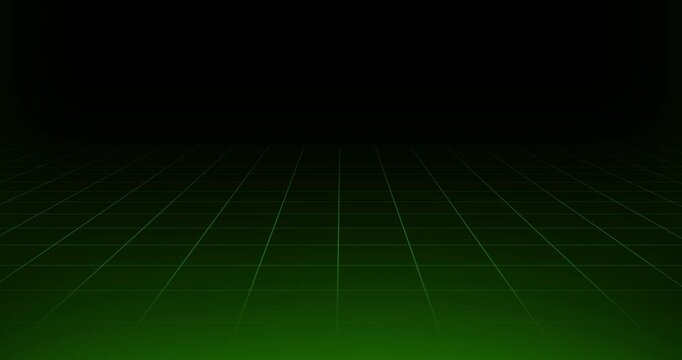 Green grid floor design on a black background that slides inwards