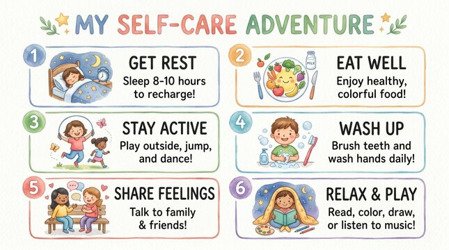 Children learn self-care steps including rest, healthy food, play, hygiene, talking, and relaxing