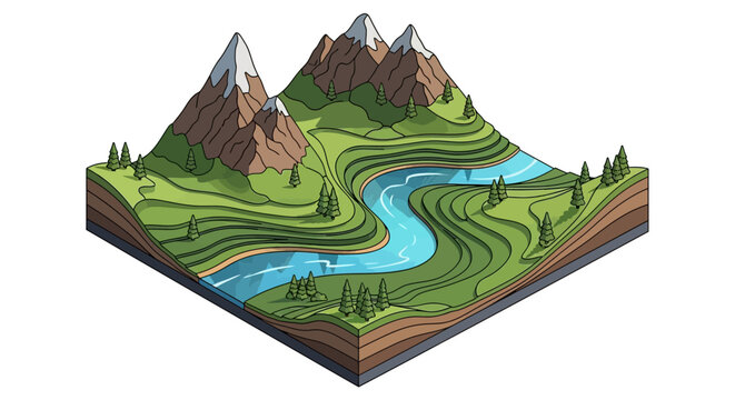 Isometric vector illustration of a mountain landscape featuring snow-capped peaks and a winding river, rendered with cartoon style and a vibrant color palette, set against a clean white
