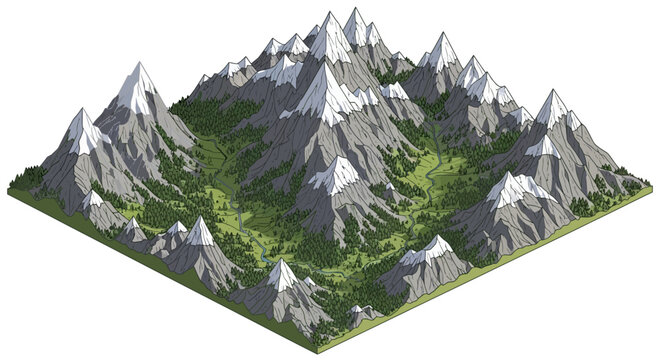 Isometric vector illustration showcasing a mountainous landscape with snow-capped peaks and a lush green valley, rendered in a low-poly style on an isolated background, creating a serene