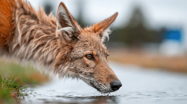 A captivating close-up of a coyote hesitantly drinking water at the edge of a stream, illustrating the beauty and curiosity of wildlife in a natural setting.