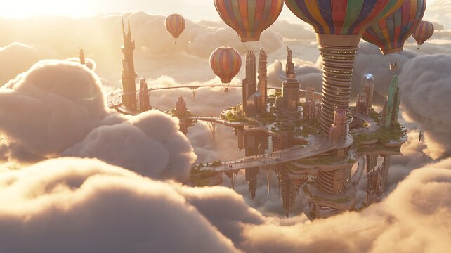 Golden hour fantasy scene with floating islands, ancient ruins, and a glowing orb fantasy floating islands