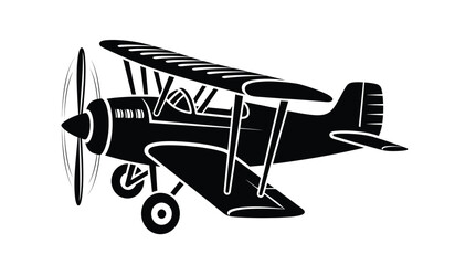 black silhouette of a vintage biplane aircraft side view against a white background high quality professional detailed modern elegant stylish clean crisp vibrant colorful © Itz