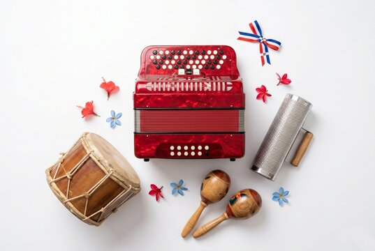 Dominican merengue instruments with accordion, tambora, g&uuml;ira, and maracas