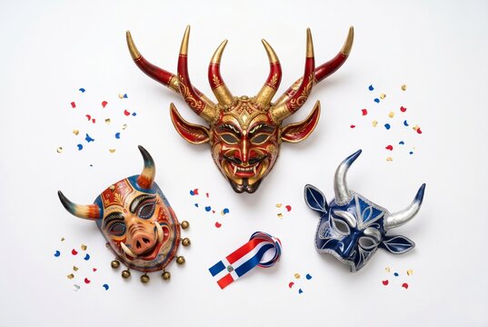 Dominican Carnival masks and flag with confetti