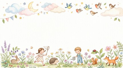 Fototapeta premium Girl chases butterflies, boy waters flowers. Rabbit, hedgehog, squirrel, fox, birds, moon