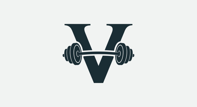 Letter V Logo with Barbell - Fitness and Strength Symbol