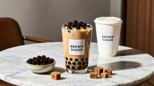 Delicious brown sugar bubble tea drinks on table