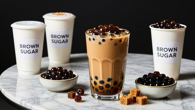 Delicious Brown Sugar Boba Tea Varieties on a Marble Surface