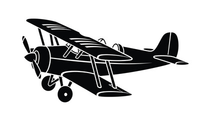 black silhouette of a vintage biplane aircraft with visible propeller and wings against a white background high quality professional detailed modern elegant stylish clean © Itz
