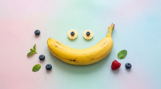 Senyum Ceria Buah Segar: Pisang, Blueberry, Raspberry dan Daun Mint jadi Wajah Lucu untuk Gaya Hidup Sehat