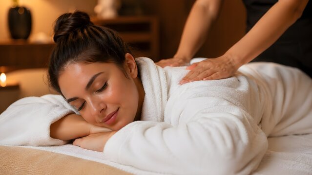Young woman receiving back massage in luxury wellness spa