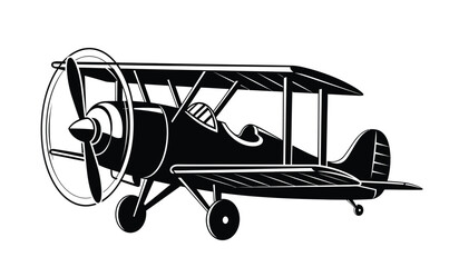 black and white silhouette of a vintage biplane aircraft side view on a transparent background high quality professional detailed modern elegant stylish clean crisp © Itz