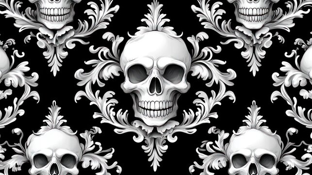 ornate baroque damask pattern of white skulls and decorative filigree on a black background with an elegant macabre mood