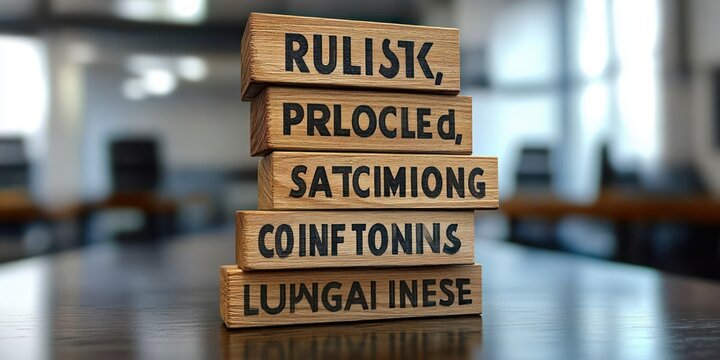 stacked wooden blocks with printed scrambled words on a polished table in a blurred office, evoking curiosity and playful puzzlement
