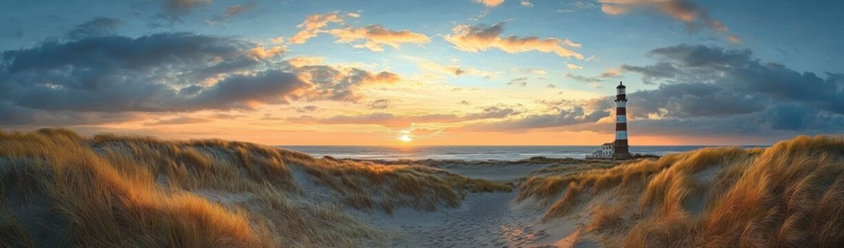Solitary striped lighthouse beside windswept sand dunes and tall beach grass at golden sunset over calm sea with dramatic clouds and tranquil mood