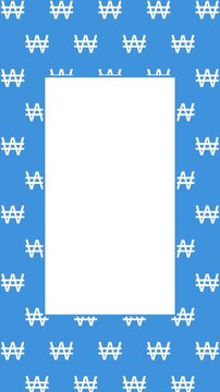 Animated Seamless Pattern Of Korean Won Currency Symbols Scrolling Down On A Blue Background With White Text Area In Center, Seamless Loop, 4K 9:16 Vertical Video