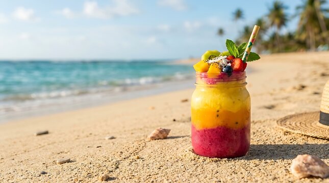 Smoothie Buah Segar di Pantai Tropis Saat Liburan Musim Panas, Minuman Sehat untuk Refreshing