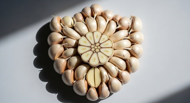 Tampilan Atas Bawang Putih Segar yang Ditata Artistik Bentuk Bunga dengan Satu Bawang Putih Terbelah Menunjukkan Detail Isi