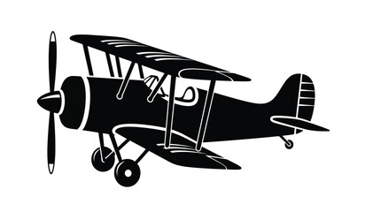 black silhouette of a vintage biplane aircraft with propeller side view on a white background high quality professional detailed modern elegant stylish clean crisp © Itz