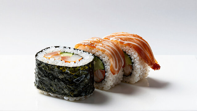 Delicious Salmon and Seaweed Maki Rolls on White Background