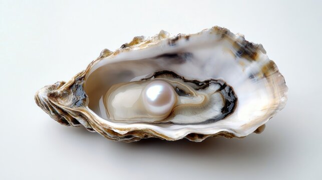 single lustrous pearl nestled in an open iridescent oyster shell on a clean white background, evoking calm elegance and precious beauty