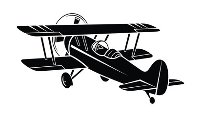 black silhouette of a vintage biplane aircraft with visible propeller and cockpit isolated on white high quality professional detailed modern elegant stylish clean crisp © Itz