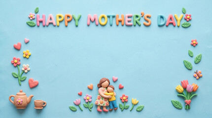 Fototapeta premium Flat lay claymation of Mother's Day with pastel Background