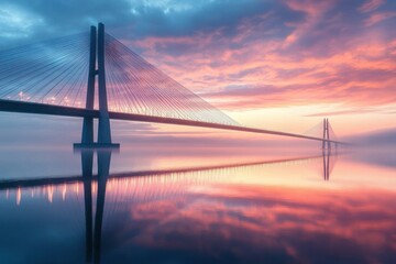 Obraz premium Serene cable-stayed bridge with tall pylons and taut cables spanning calm reflective water at a pastel sunrise with misty horizon and pink-purple sky