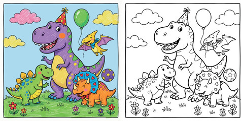 Cute Dinosaur Birthday Party Celebration Coloring Page © Sumon555