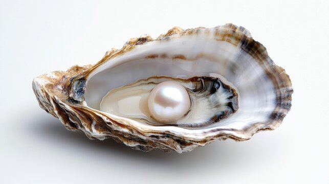 single lustrous pearl resting inside an open oyster shell with layered nacre and rough textured exterior on a clean white background, evoking elegance and serenity