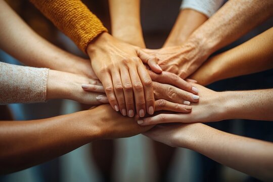 Close-up of diverse hands and forearms stacked together in a circle, conveying unity, support, teamwork and solidarity