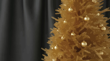 A golden christmas tree with ornaments stands against a dark draped background © MdSafi