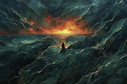 Solitary silhouette seated on a small rock amid vast turbulent teal waves beneath a fiery orange sunset, evoking solitude and contemplative awe