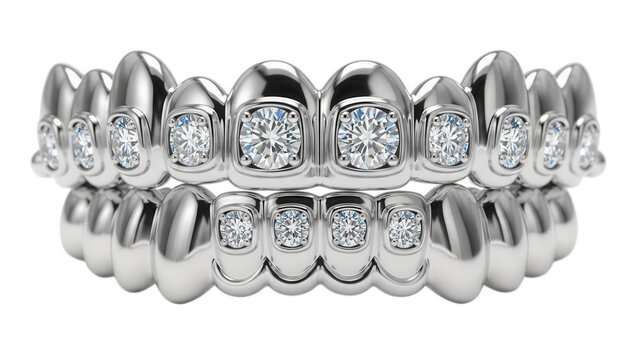 Diamond encrusted silver grillz for teeth, reflecting light isolated on a transparent background