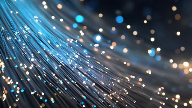Abstract glowing fiber optic strands pulse with light in dark blue background with bokeh effect science and technology concept high speed data transfer visualization motion graphics.