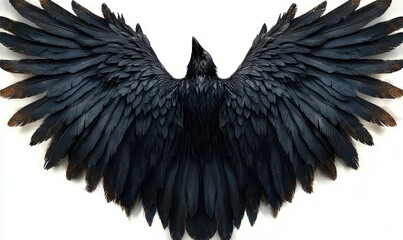 Fototapeta premium Majestic black raven with outstretched wings and layered textured feathers, gold-tipped highlights on a stark white background, dramatic and mysterious presence